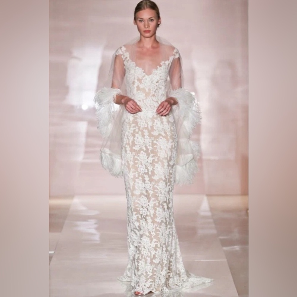 Reem Acra Eve Illusion Yoke Embroidered Lace Column Wedding Dress Gown